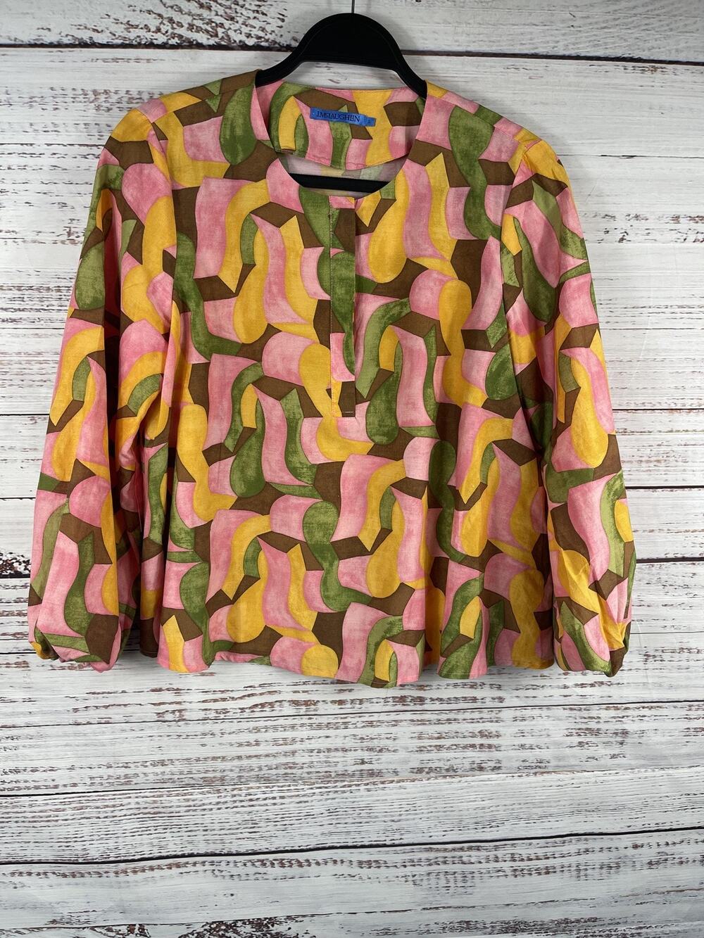 J McLaughlin Blouse Women's SZ Small Pink Yellow Geometric Silk Cotton Tunic Top